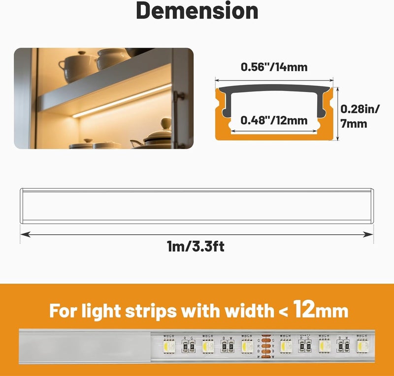 DEIGCYU 10 عبوة 3.3 قدم/1 متر قناة ألومنيوم LED على شكل U – ملف فضي 14x7 مم مع غطاء م diffuser أبيض حليبي، أغطية نهائية، مشابك تثبيت – ملف ألومنيوم لتركيبات أضواء LED شريط - Image 2